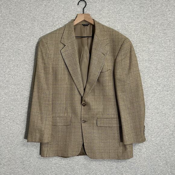 Vintage Bill Blass Glen Check Sports Jacket Blazer Mens 42 Tan Silk Blend - Picture 1 of 16